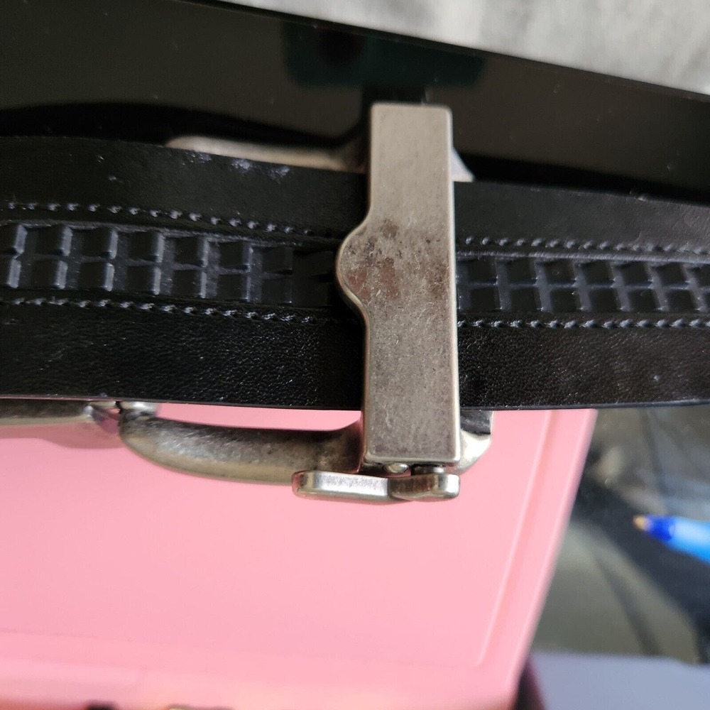 Vegan leather men's belt Brown Ratchet Slider silver metal buckle 33 41 casual - Picture 5 of 6